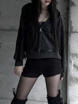 back cubic semi-crop hooded zip-up