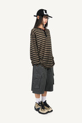 Striped Henley neck long sleeve knit