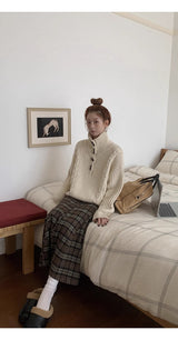 high-neck button bold ribbed loose fit knitwear