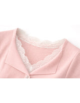 Rosy Lace Slim Rib Knit Short Sleeve Cardigan Pink
