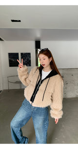Eyes Hooded Layered Fur Zip-Up Jacket