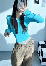 オープンバック セミクロップ 長袖Tシャツ💙🤍🖤 - 3カラー