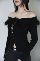 Leaf fur off-shoulder knit