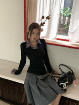 Checkered Shirt Layered Black Long-Sleeved T-Shirt