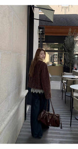 wool no collar brown button fur jacket