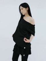 アンバランスボタンショルダートップ(BLACK)
