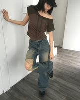 Chenler Striped Off-Shoulder Short-Sleeve T-shirt