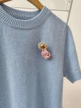 Tours Flower Decor Round Neck Wool Short Sleeve Knit