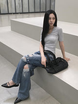 Redo Damage Washing Wide Denim Pants
