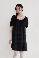 Flower crochet shirring dress (BLACK)