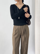 Ciar Collar V-Neck Slit Ribbed Long Sleeve Knit