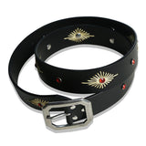 crystal stud & wax thread leather belt black