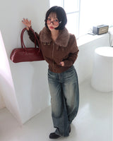 Fur collar high neck slim fit short suede coat
