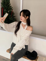 Laura Twist Loose V-neck Wool Knit +Tie Set (6color)