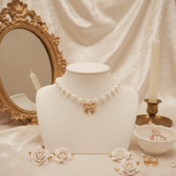 Adorable Ribbon Pearl Choker Necklace - Gold