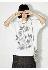 ぼかしバラプリントルーズピュアホワイト半袖Tシャツ(UNISEX)