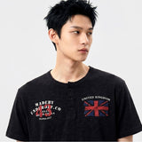 Slub Henley-Neck Cropped T-Shirt Union Jack Black