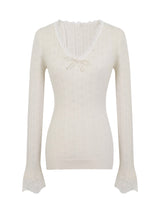 New wear レース Vネック ニット 長袖 Tシャツ