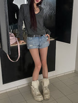 Tani Damage Roll-Up Denim Shorts