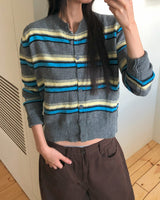 Runli Stripe Ribbed Round Neck Long Sleeve Cardigan