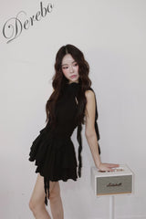 black rose frill halter neck skirt two-piece