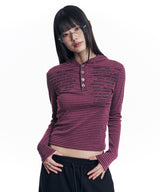 Henley Neck Stripe Hood Long Sleeve - Wine