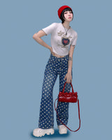 heart pattern denim pants