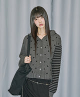 Dot Frill Jacquard Knit Cardigan - CHARCOAL MELANGE