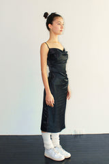COWL NECK SHIRRING SATIN MIDI DRESS / BLACK