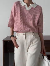 ASCLO Twist Open Collar Short Sleeve Knit (3color)