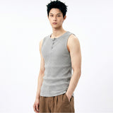 Ribbed Henley-Neck Sleeveless Top Gray