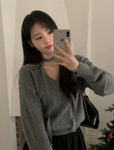 BR Crop V-neck Long Sleeve Knit + Tie Set (8color)