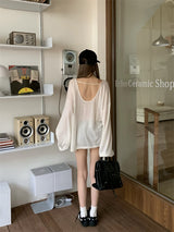 Boxy loose fit unbalanced shoulder long-sleeve T-shirt