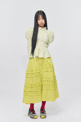 Flower Pattern Crease Ruffle Blouse Yellow