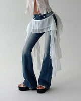 unbalanced see-through frill layered belt skirt