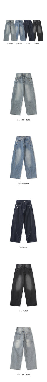 [Unisex] サイドカーブラインワイドデニムパンツ(4color)