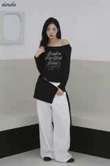 wide neck lettering normal fit long-sleeved T-shirt