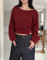 Chippo Button Boat Neck Wool Crop Knit