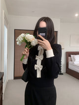 Quiet Bow Ribbon Trim Contrast Knit Long Sleeve Top