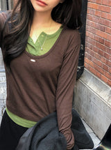 Pendant Layered U-neck Tencel T-Shirt (5color)
