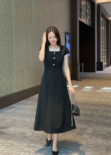 Nedel Square Neck Tweed Flare Long One Piece