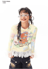 sillysisかわいい小熊イラスト 柔らかい黄色のレースで宮廷風の裾と袖のフリル付き インナー用Tシャツ
