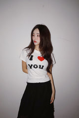 アイラブユー タイトラウンドスパンデックス半袖Tシャツ