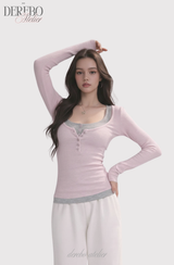 ピンクベアリブ長袖Tシャツ