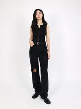 DESTROYED SLIM WIDE FIT DENIM PANTS_BLACK code 6836