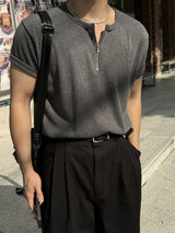 Deek zipper henry-neck short sleeve knit
