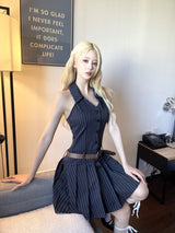1280. Stripe halter low belt pleats mini ops