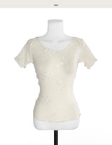 [ antique ] loev flower low-neck see-through top