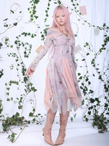 Rosé Isle オールドファッションレタービンテージプリンティドストレッチメッシュドレス ウィズオフショルダーイレギュラースプライストヘム