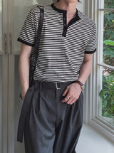 Yushi ストライプヘンリーネック半袖Tシャツ